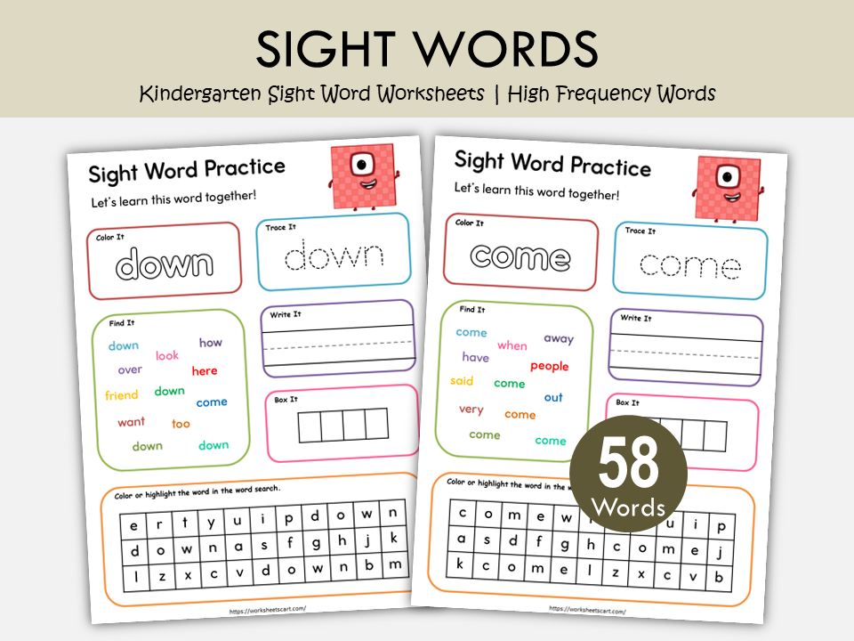 Kindergarten Sight Word Worksheets Printable PDF | 58 High Frequency Word Practice Pages | Read Trace Write Color Activities, WWF534