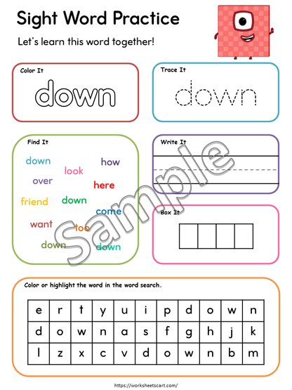 Kindergarten Sight Word Worksheets Printable PDF | 58 High Frequency Word Practice Pages | Read Trace Write Color Activities, WWF534