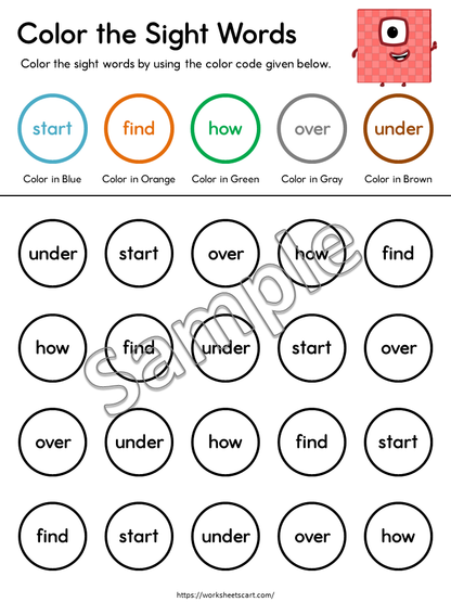 Grade 1 Sight Words Word Search Worksheets | Color by Code Reading Activity PDF, WWF535