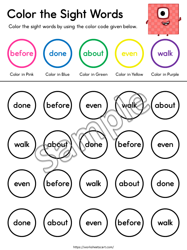 Grade 1 Sight Words Word Search Worksheets | Color by Code Reading Activity PDF, WWF535