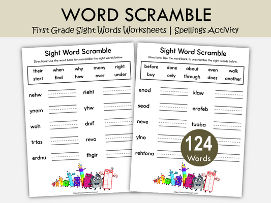 124 Sight Word Unscramble Worksheets for First Grade Printable, WWF540