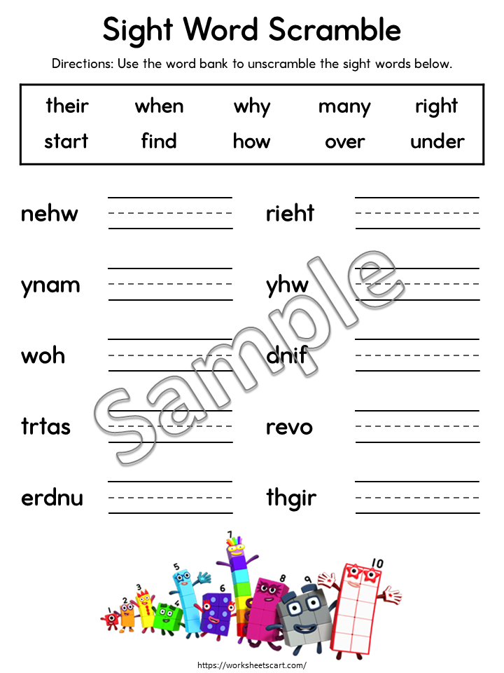 124 Sight Word Unscramble Worksheets for First Grade Printable, WWF540