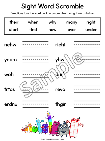 124 Sight Word Unscramble Worksheets for First Grade Printable, WWF540