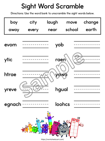 124 Sight Word Unscramble Worksheets for First Grade Printable, WWF540