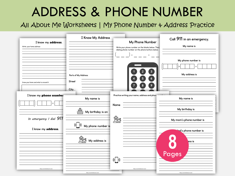 Address & Phone Number Worksheets Printable – Personal Information Practice for Kids, WWF541
