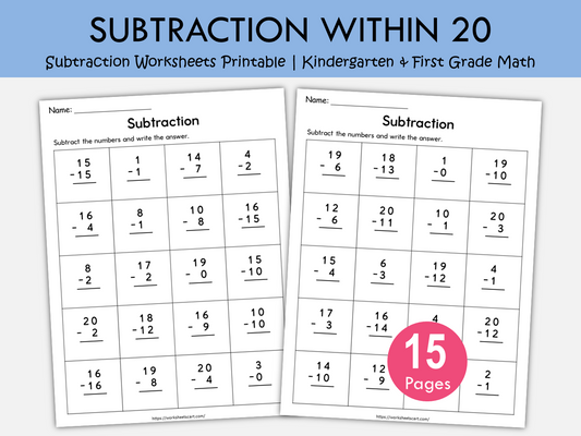 Subtraction Within 20 Worksheets Printable for Kindergarten and First Grade, WWF542