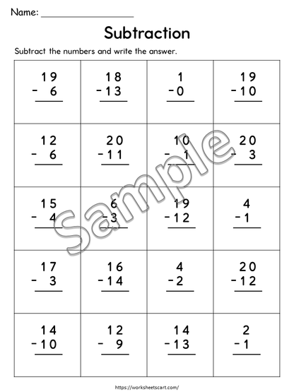 Subtraction Within 20 Worksheets Printable for Kindergarten and First Grade, WWF542
