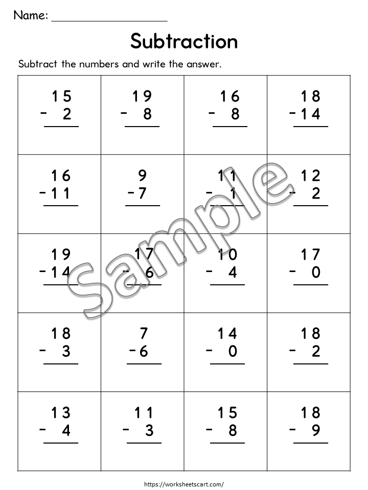 Subtraction Within 20 Worksheets Printable for Kindergarten and First Grade, WWF542