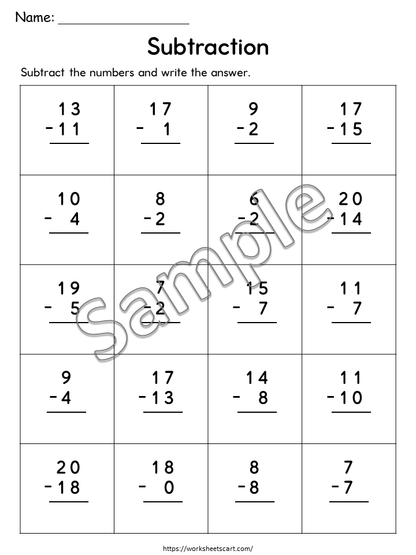 Subtraction Within 20 Worksheets Printable for Kindergarten and First Grade, WWF542