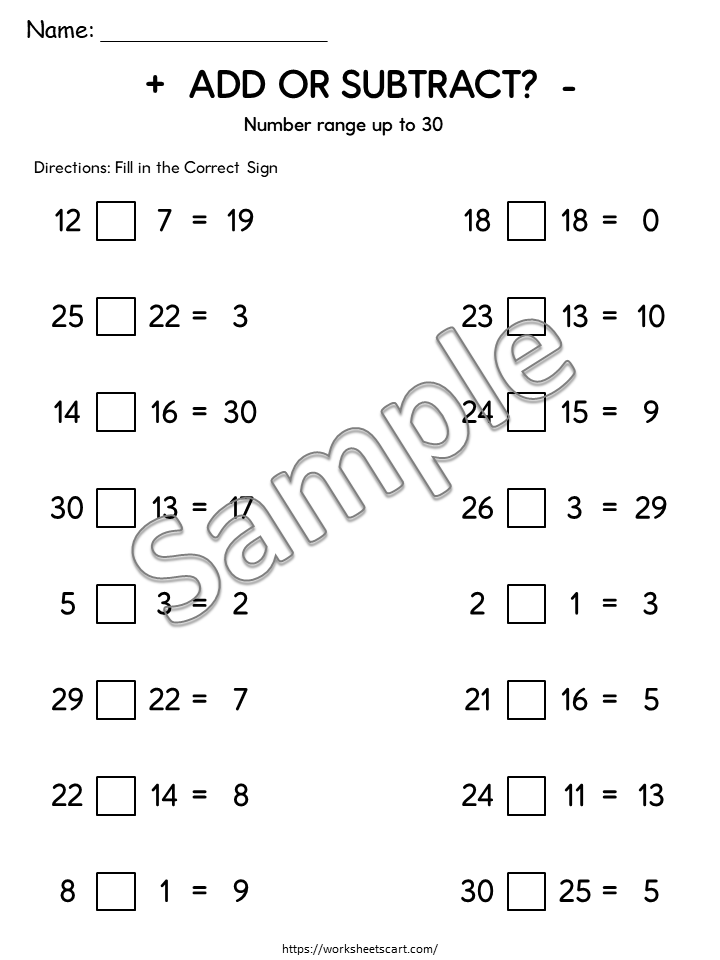 Add or Subtract Worksheets Printable | Choose the Correct Math Operation 1–100, WWF543