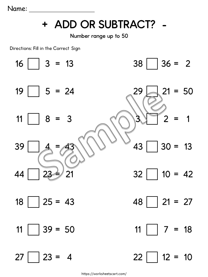 Add or Subtract Worksheets Printable | Choose the Correct Math Operation 1–100, WWF543