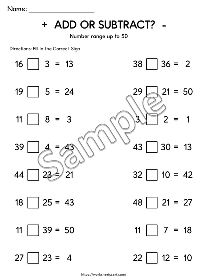 Add or Subtract Worksheets Printable | Choose the Correct Math Operation 1–100, WWF543