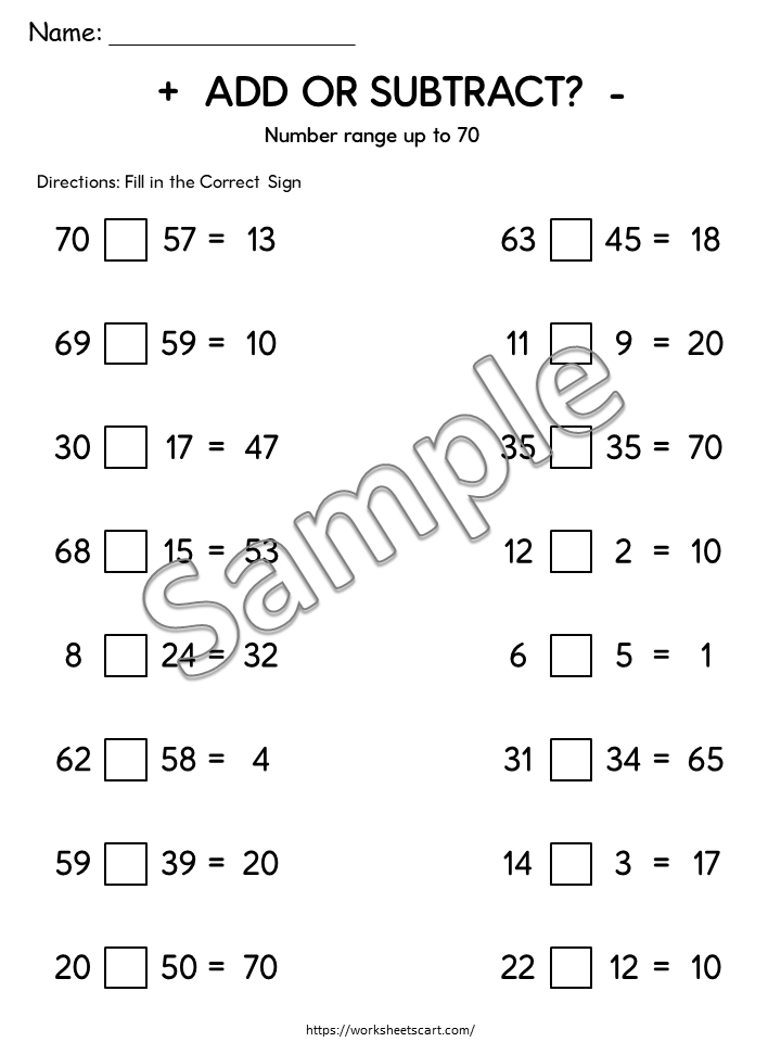 Add or Subtract Worksheets Printable | Choose the Correct Math Operation 1–100, WWF543