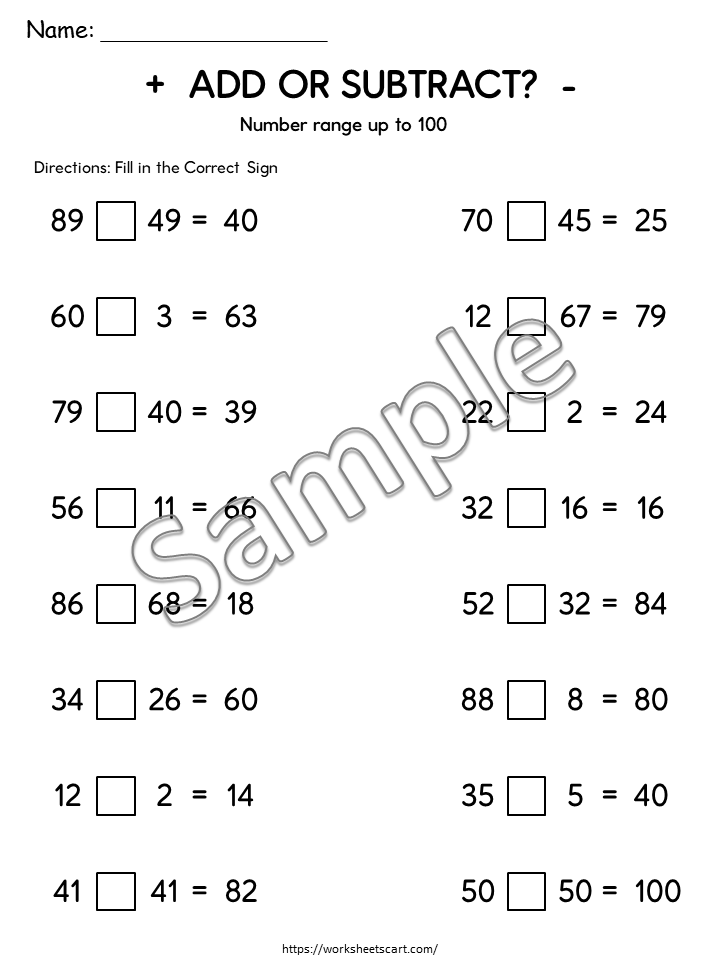 Add or Subtract Worksheets Printable | Choose the Correct Math Operation 1–100, WWF543