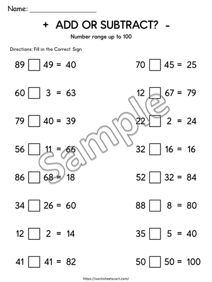 Add or Subtract Worksheets Printable | Choose the Correct Math Operation 1–100, WWF543