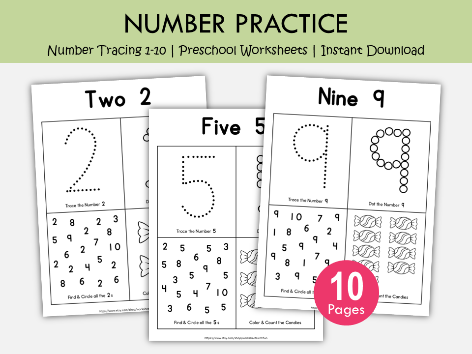 Numbers 1–10 Worksheets for Preschool | Number Tracing, Counting Activities, Kindergarten Math Printables, WWF545