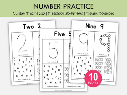 Numbers 1–10 Worksheets for Preschool | Number Tracing, Counting Activities, Kindergarten Math Printables, WWF545