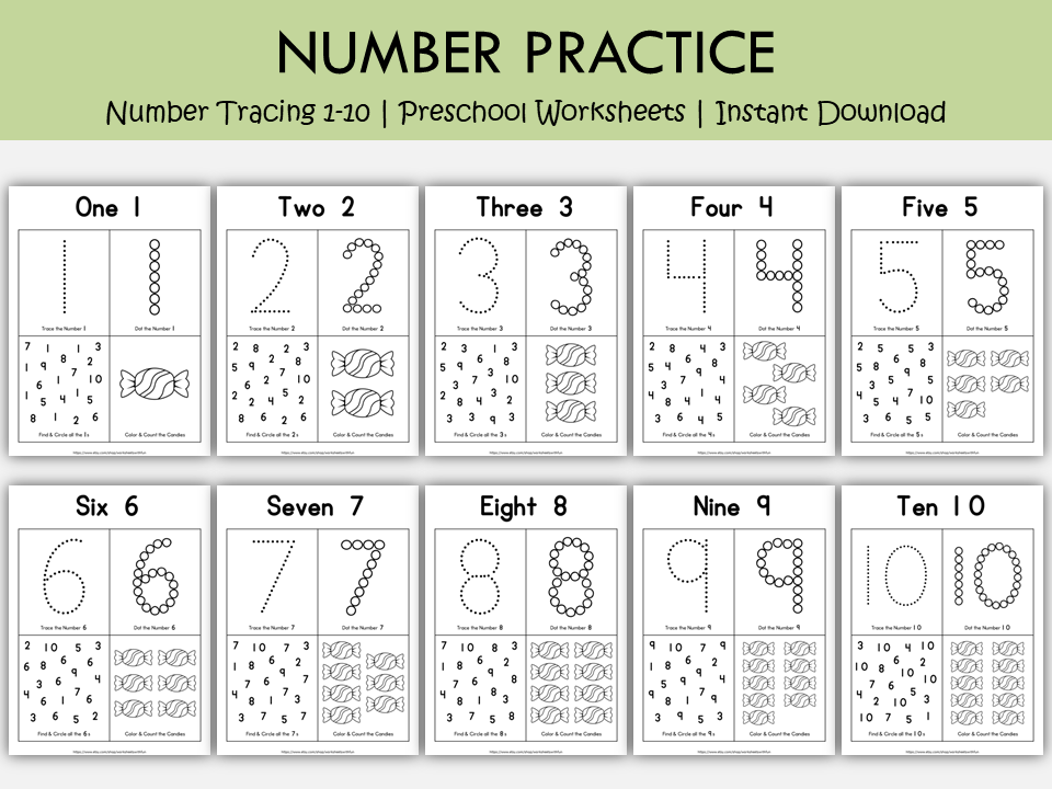 Numbers 1–10 Worksheets for Preschool | Number Tracing, Counting Activities, Kindergarten Math Printables, WWF545