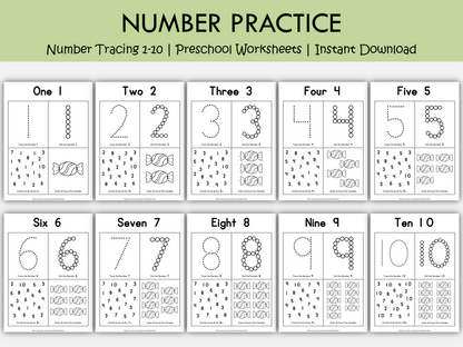 Numbers 1–10 Worksheets for Preschool | Number Tracing, Counting Activities, Kindergarten Math Printables, WWF545