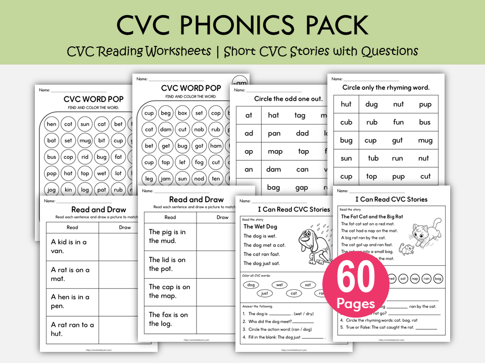 CVC Reading Worksheets PDF | Short Stories with Questions | Phonics Activities for Kindergarten & 1st Grade | Read and Draw | Word Families Bundle, WWF546