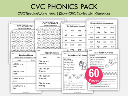 CVC Reading Worksheets PDF | Short Stories with Questions | Phonics Activities for Kindergarten & 1st Grade | Read and Draw | Word Families Bundle, WWF546