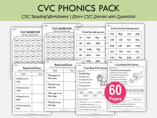 CVC Reading Worksheets PDF | Short Stories with Questions | Phonics Activities for Kindergarten & 1st Grade | Read and Draw | Word Families Bundle, WWF546