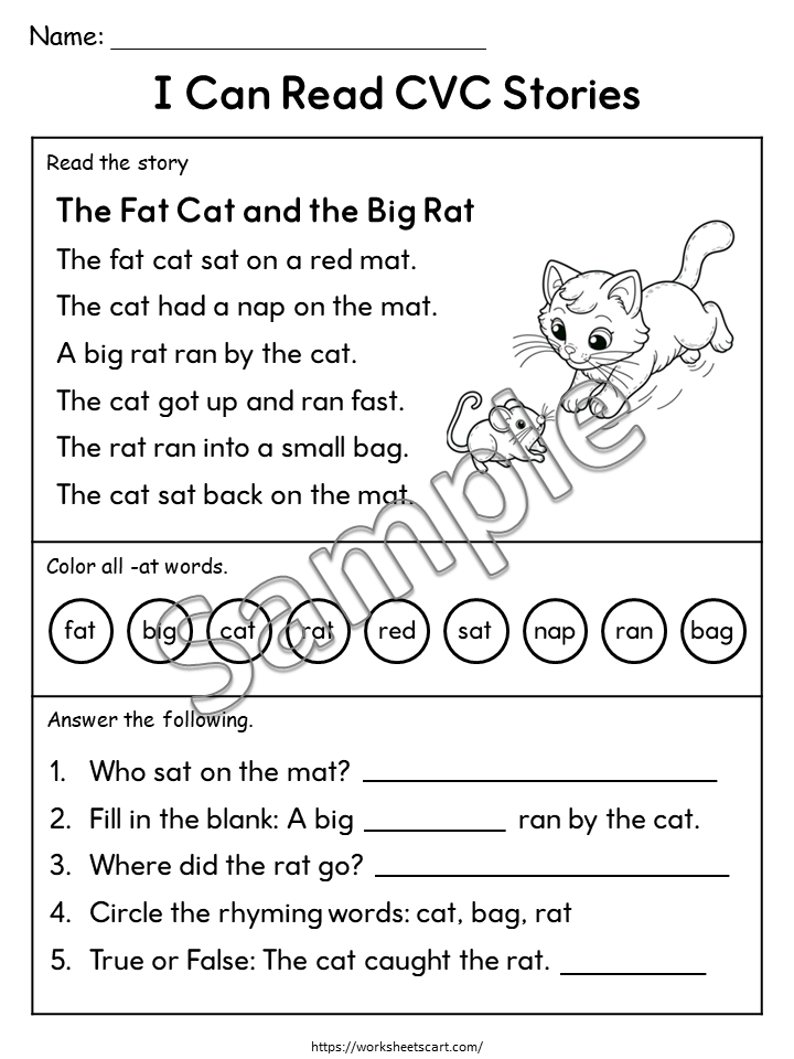 CVC Reading Worksheets PDF | Short Stories with Questions | Phonics Activities for Kindergarten & 1st Grade | Read and Draw | Word Families Bundle, WWF546
