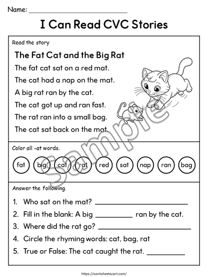 CVC Reading Worksheets PDF | Short Stories with Questions | Phonics Activities for Kindergarten & 1st Grade | Read and Draw | Word Families Bundle, WWF546