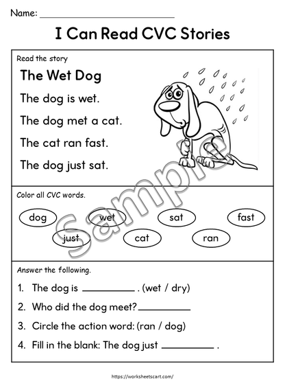 CVC Reading Worksheets PDF | Short Stories with Questions | Phonics Activities for Kindergarten & 1st Grade | Read and Draw | Word Families Bundle, WWF546