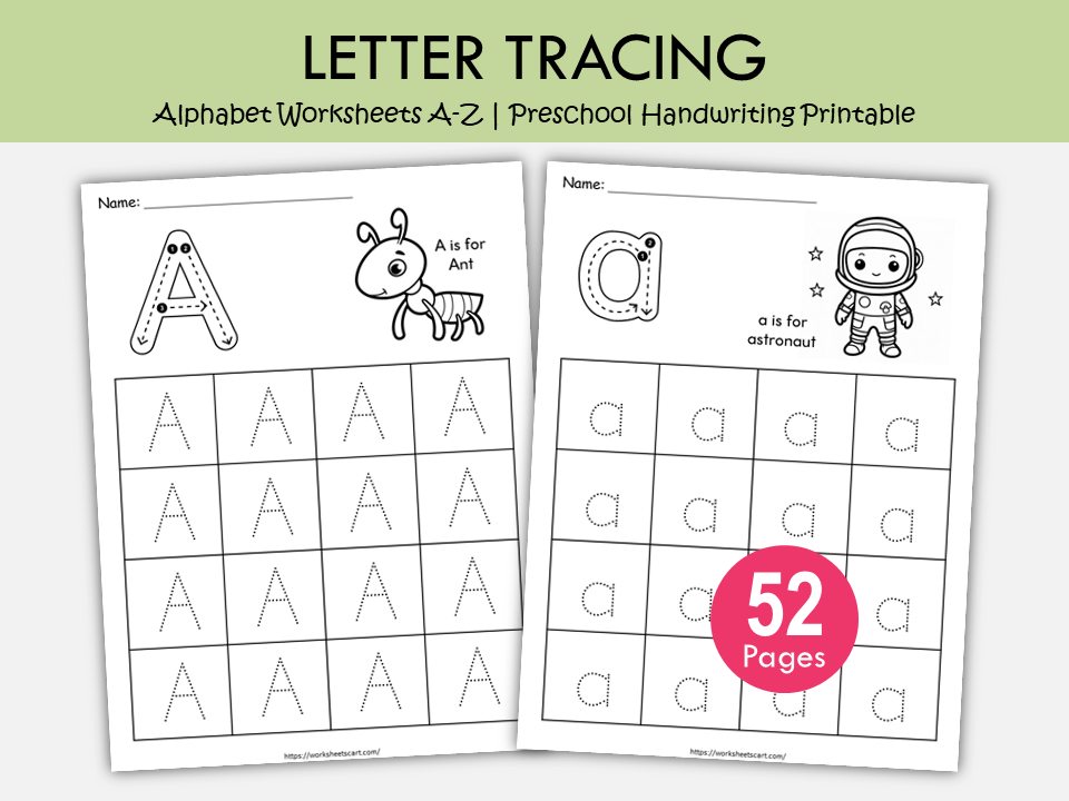 52 Alphabet Tracing Worksheets A-Z Printable, Uppercase Lowercase Letter Practice, Preschool & Kindergarten Handwriting Worksheets PDF, WWF547