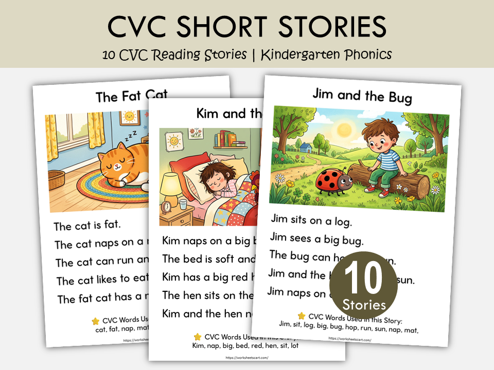 10 CVC Reading Stories Printable PDF | Kindergarten Phonics Worksheets | Decodable Readers for Grade 1 | Early Reader Activities, WWF558