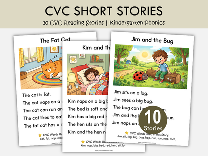 10 CVC Reading Stories Printable PDF | Kindergarten Phonics Worksheets | Decodable Readers for Grade 1 | Early Reader Activities, WWF558