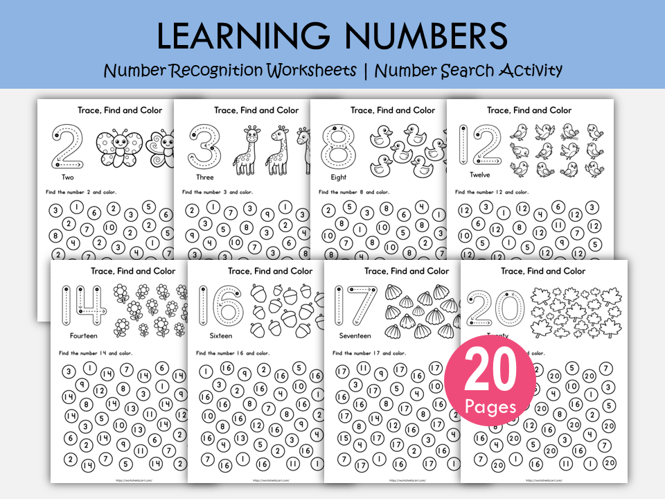 Number Recognition Worksheets 1-20 Printable | Preschool & Kindergarten Find and Color Number Activity, WWF559