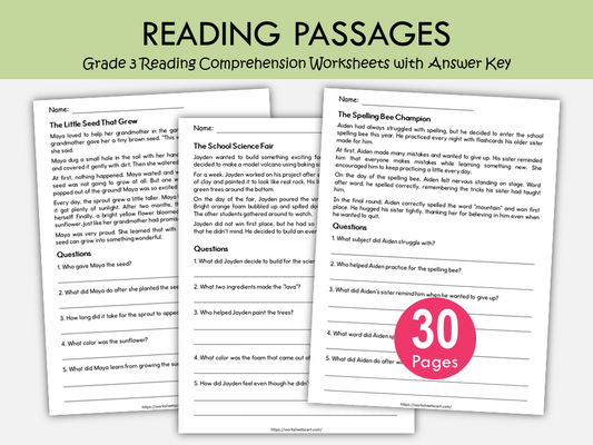 Grade 3 Reading Comprehension Worksheets with Answer Key | 30 Printable Reading Passages PDF, WWF560