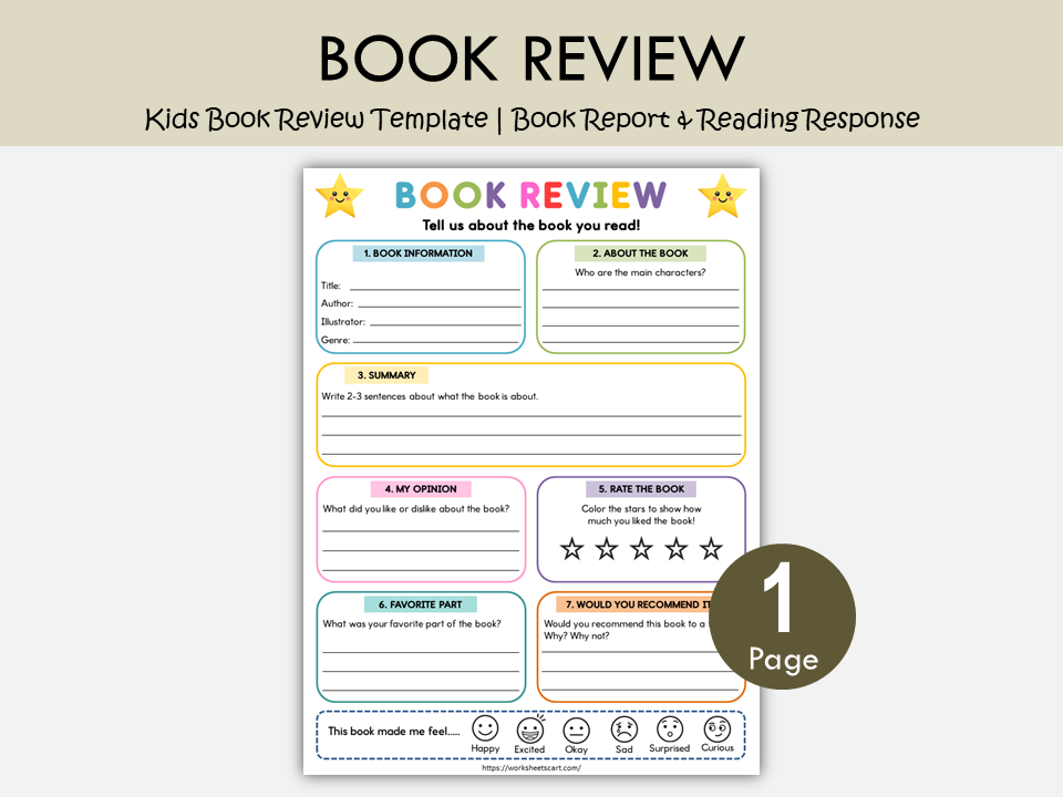 Kids Book Review Template Printable | Book Report & Reading Response Worksheet | Grade 1–3 PDF, WWF564
