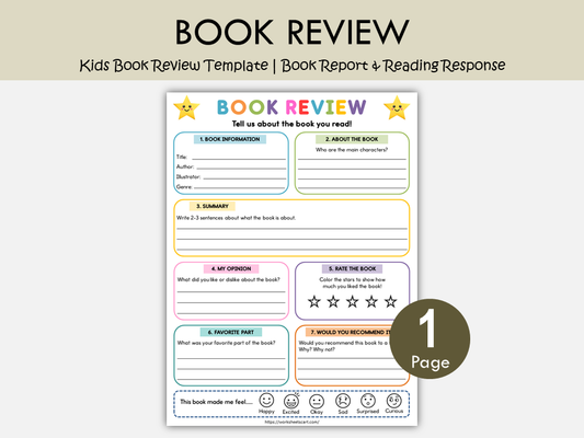 Kids Book Review Template Printable | Book Report & Reading Response Worksheet | Grade 1–3 PDF, WWF564