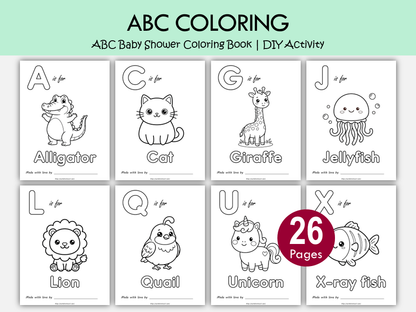 ABC Baby Shower Coloring Book Printable | Animal Alphabet Coloring Pages PDF | Baby Shower Activity Game, WWF565