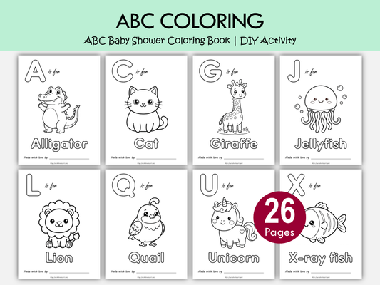 ABC Baby Shower Coloring Book Printable | Animal Alphabet Coloring Pages PDF | Baby Shower Activity Game, WWF565