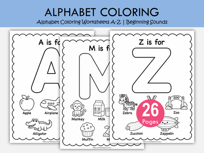 Alphabet Coloring Worksheets A-Z | Beginning Sounds & ABC Printable for Preschool, WWF568