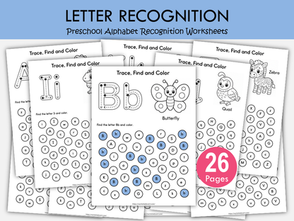 Alphabet Letter Recognition Worksheets | Uppercase & Lowercase Tracing | Preschool Kindergarten, WWF570