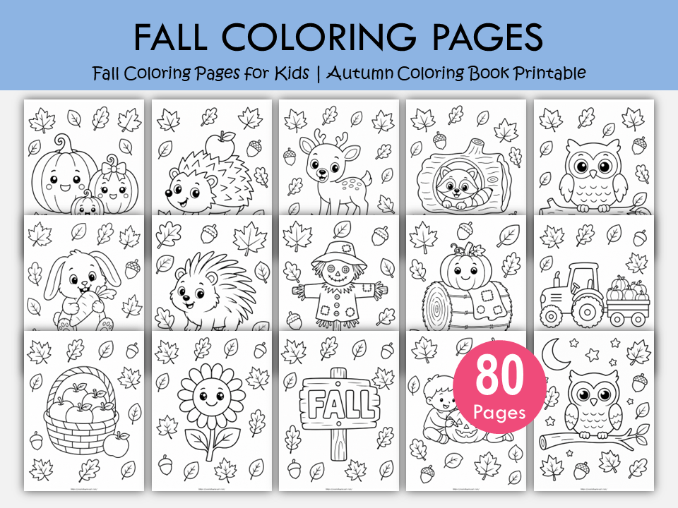 80 Fall Coloring Pages for Kids | Printable Autumn Coloring Book, WWF574