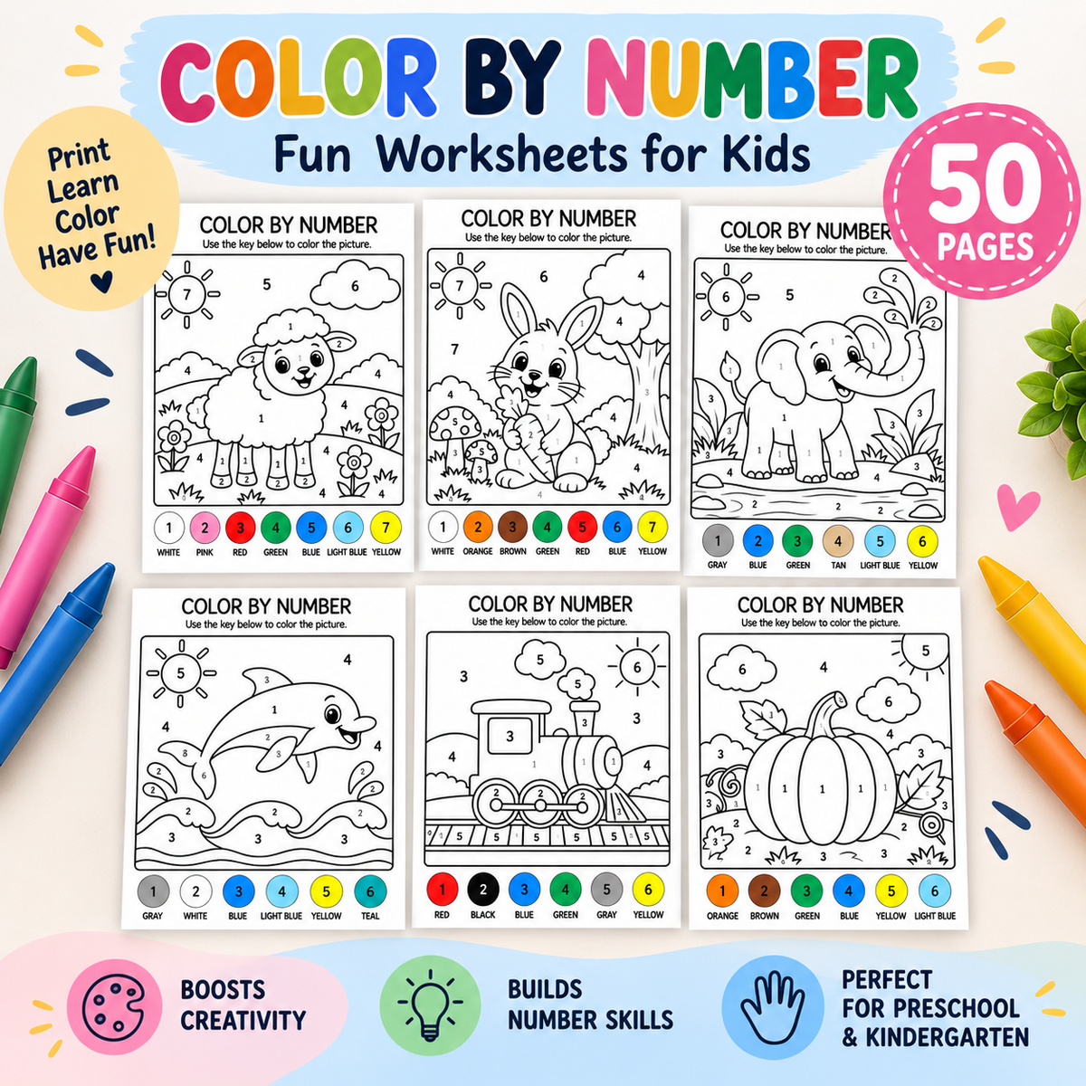 Color by Number Worksheets for Kids | 50 Printable Preschool Activities, WWF575