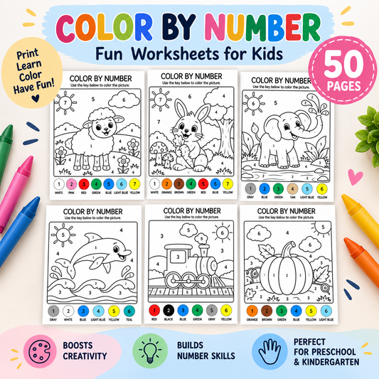 Color by Number Worksheets for Kids | 50 Printable Preschool Activities, WWF575