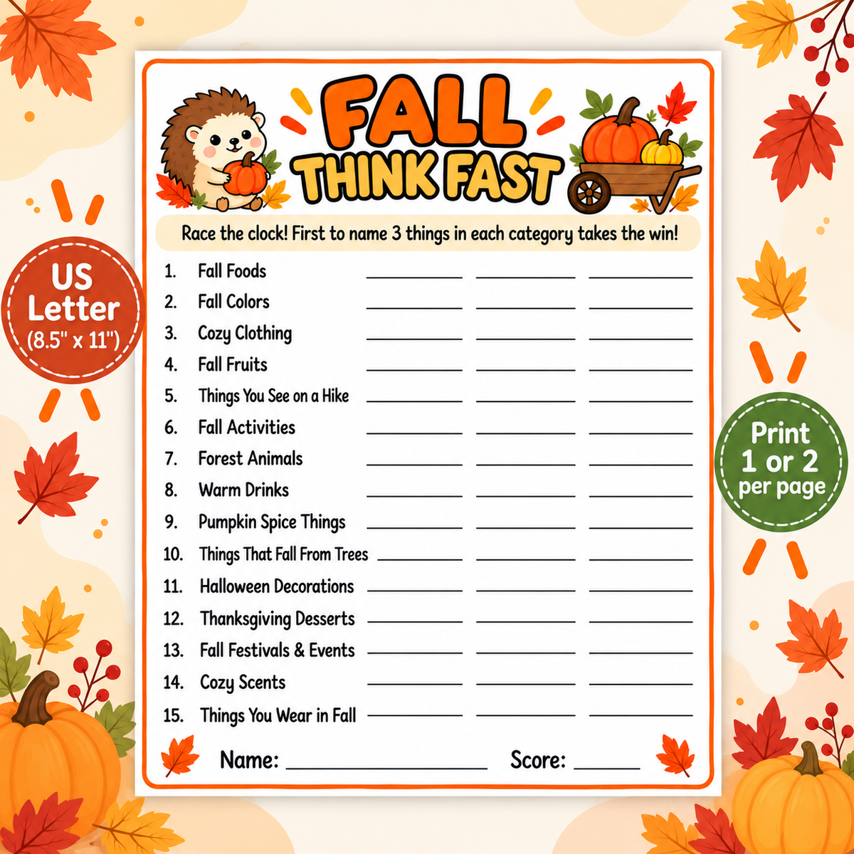 Fall Think Fast Game – Printable Fall Party Activity, WWF578