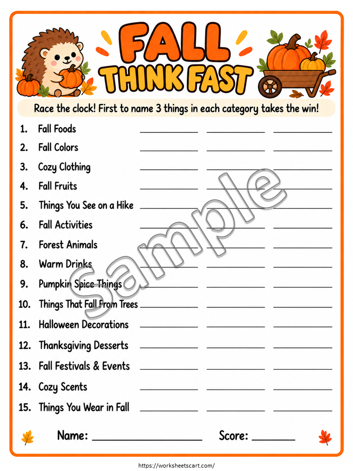 Fall Think Fast Game – Printable Fall Party Activity, WWF578
