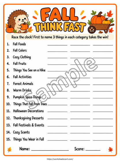 Fall Think Fast Game – Printable Fall Party Activity, WWF578