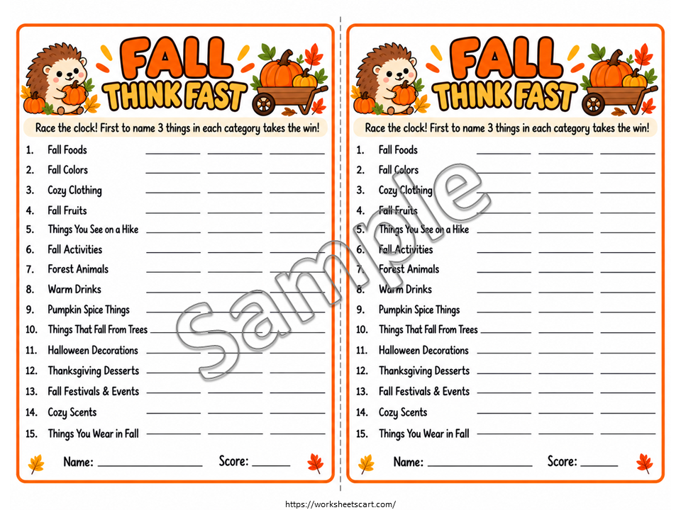 Fall Think Fast Game – Printable Fall Party Activity, WWF578