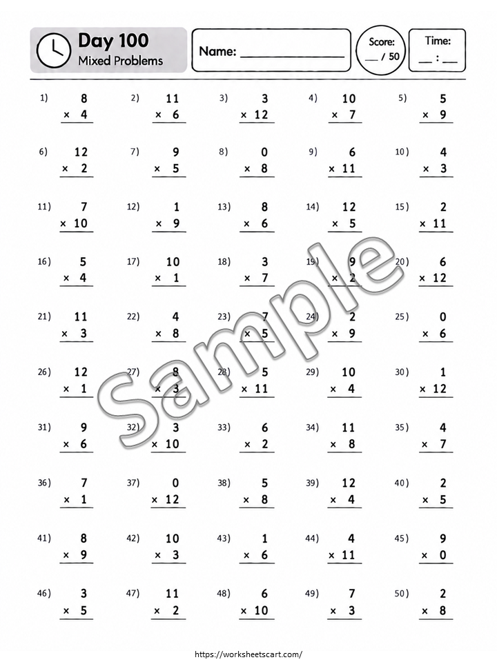 100 Multiplication Worksheets – Times Tables Practice & Math Drills, WWF583