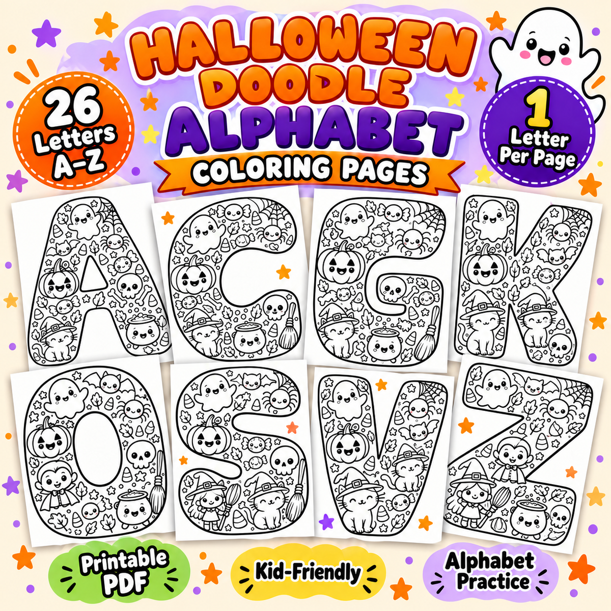 Halloween Alphabet Coloring Pages A-Z | Printable ABC Doodle Worksheets, WWF584