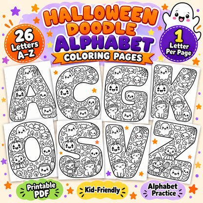 Halloween Alphabet Coloring Pages A-Z | Printable ABC Doodle Worksheets, WWF584